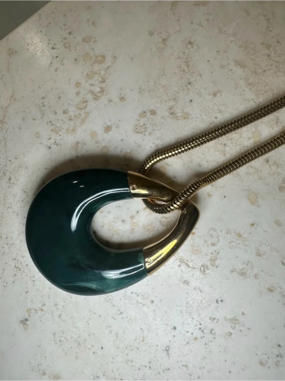 Michael Kors Dark Green Marbled Resin Drop Necklace with Gold-Tone Accents